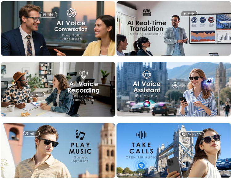 AI Smart Translator Photochromic Glasses – Blue Tortoise Round Frame for Men & Women